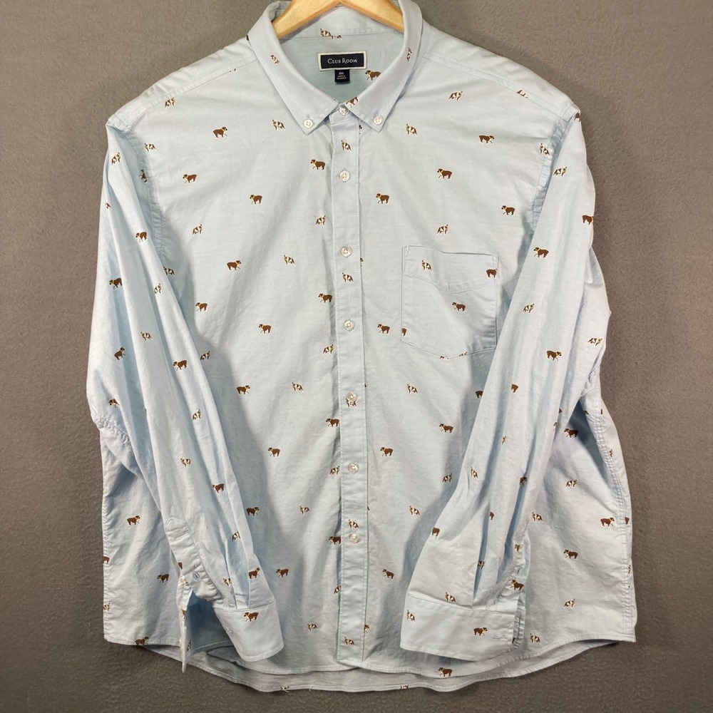 Club Room Dog Print Shirt Mens XXL Blue Novelty Button‎ Down Long Sleeve